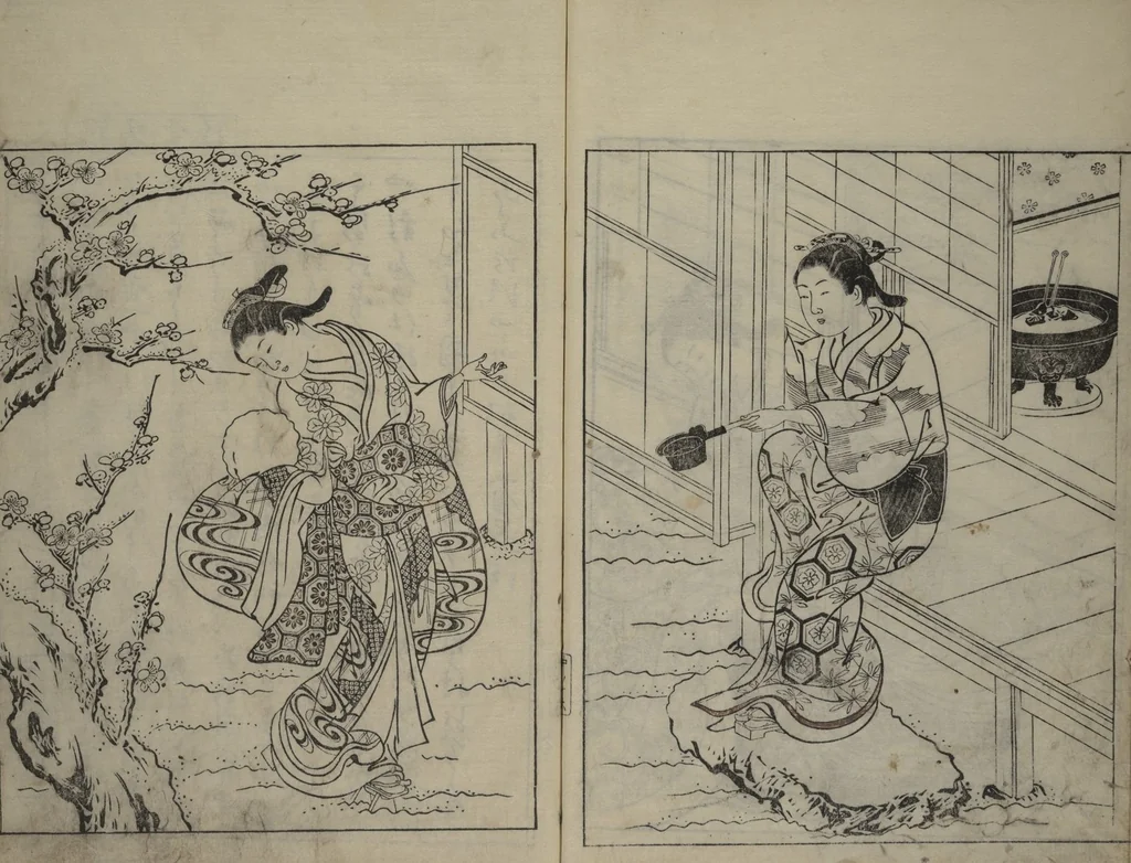 An illustration from Picture Book of the Evergreens (Ehon tokiwagusa), 1731, leaf 18