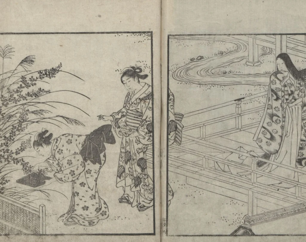 An illustration from Illustrated Book of Kyōka (comic poems) "Maple Bridge" (Ehon momiji bashi 絵本紅葉橋), 1790, leaf 10