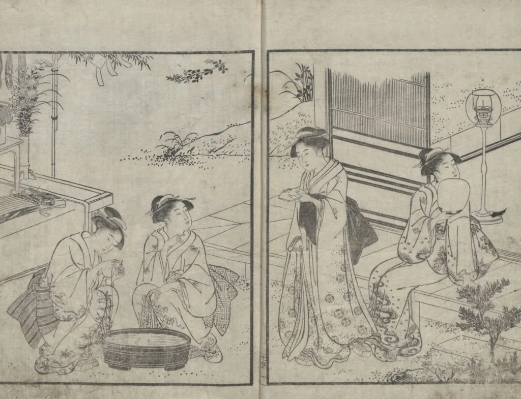 An illustration from Illustrated Book of Kyōka (comic poems) "Maple Bridge" (Ehon momiji bashi 絵本紅葉橋), 1790, leaf 4