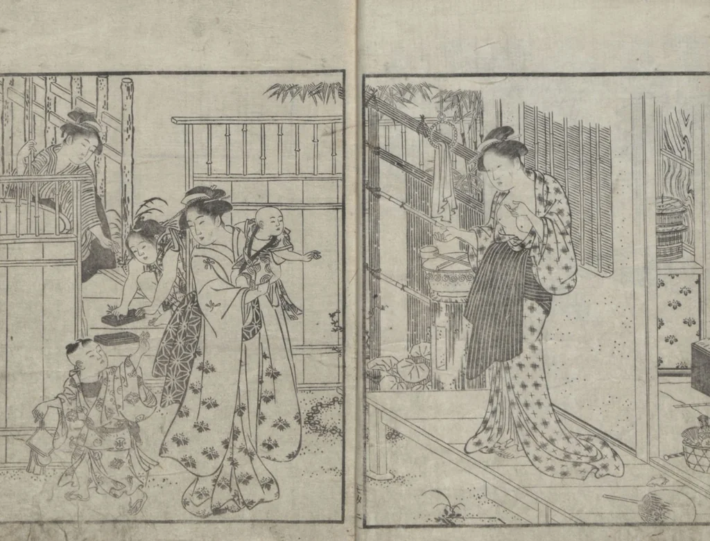 An illustration from Illustrated Book of Kyōka (comic poems) "Maple Bridge" (Ehon momiji bashi 絵本紅葉橋), 1790, leaf 5