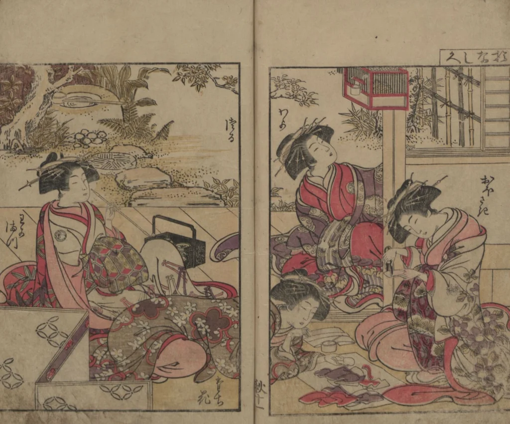 An illustration from Mirror of the Beautiful Women of the Yoshiwara Brothels (Seirō bijin awase sugata kagami) : [volume 2], 1776, leaf 12