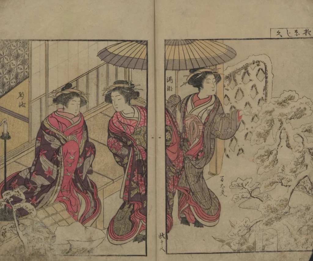 An illustration from Mirror of the Beautiful Women of the Yoshiwara Brothels (Seirō bijin awase sugata kagami) : [volume 2], 1776, leaf 16