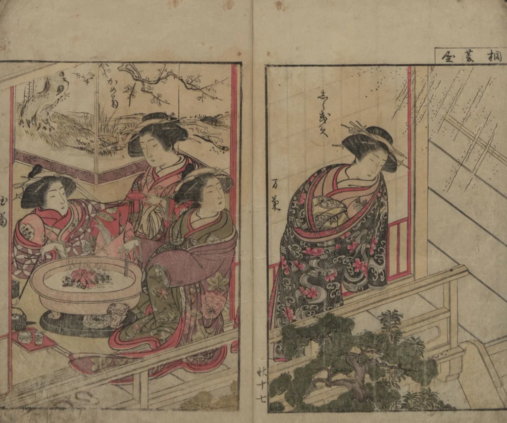 An illustration from Mirror of the Beautiful Women of the Yoshiwara Brothels (Seirō bijin awase sugata kagami) : [volume 2], 1776, leaf 18