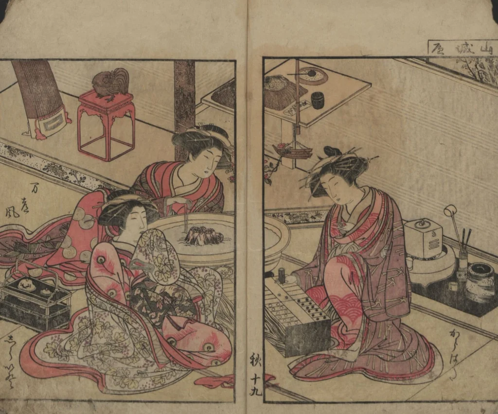 An illustration from Mirror of the Beautiful Women of the Yoshiwara Brothels (Seirō bijin awase sugata kagami) : [volume 2], 1776, leaf 20