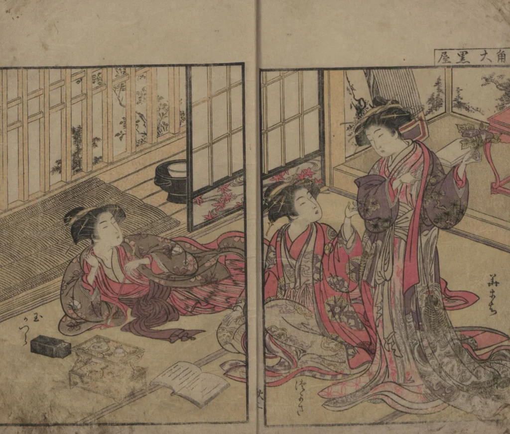 An illustration from Mirror of the Beautiful Women of the Yoshiwara Brothels (Seirō bijin awase sugata kagami) : [volume 2], 1776, leaf 4
