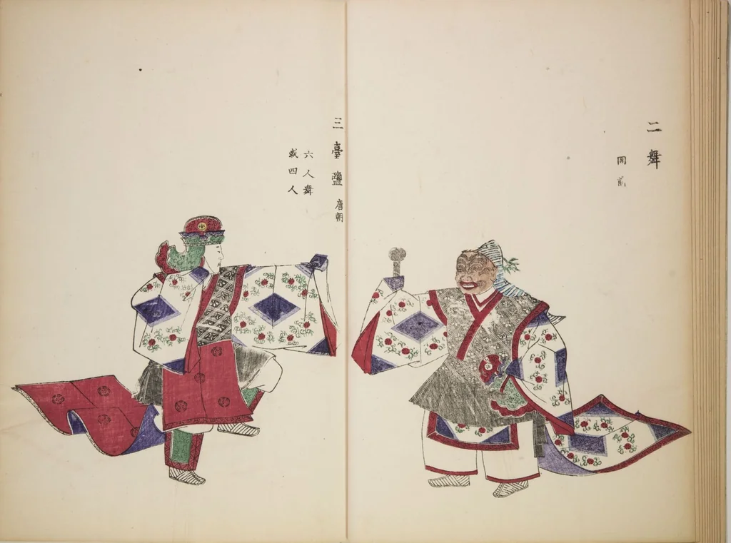 An illustration from Illustrations on Bugaku (Bugakuzu), 1828, leaf 12