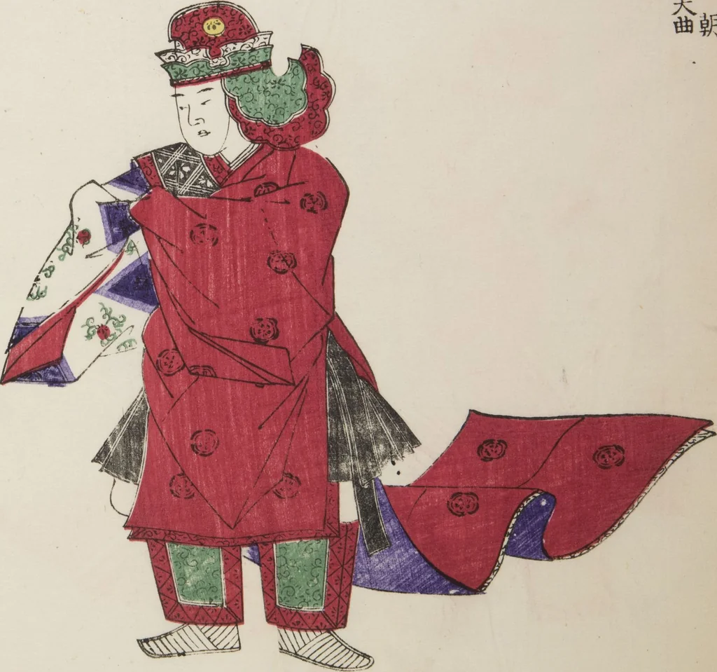 An illustration from Illustrations on Bugaku (Bugakuzu), 1828, leaf 13