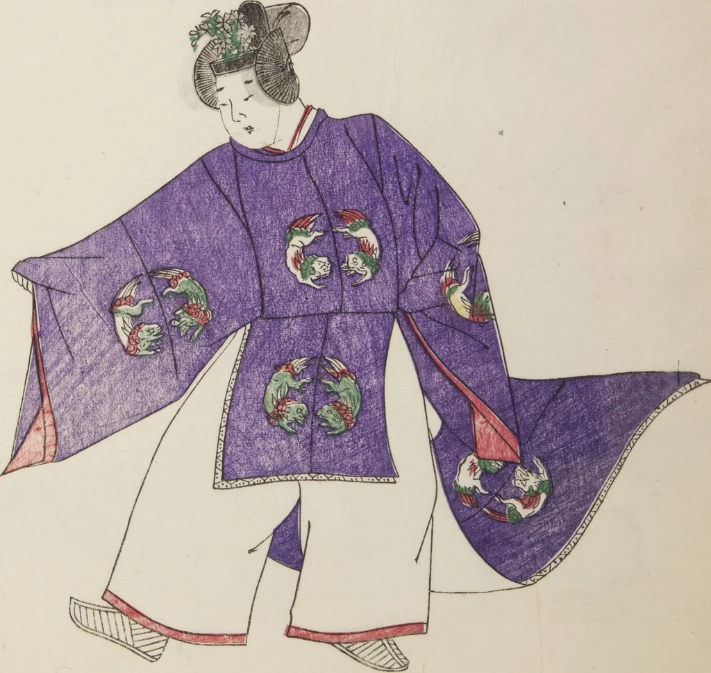 An illustration from Illustrations on Bugaku (Bugakuzu), 1828, leaf 14