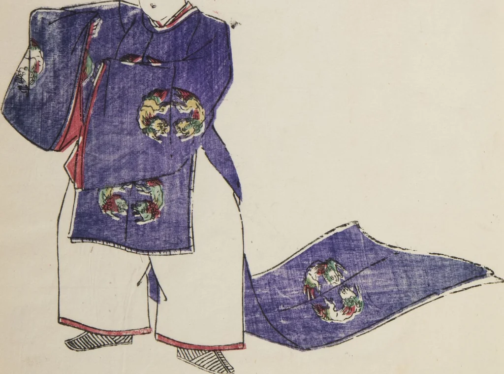 An illustration from Illustrations on Bugaku (Bugakuzu), 1828, leaf 14