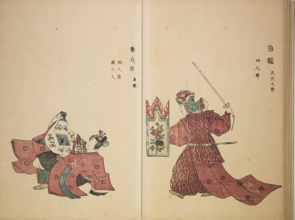An illustration from Illustrations on Bugaku (Bugakuzu), 1828, leaf 15