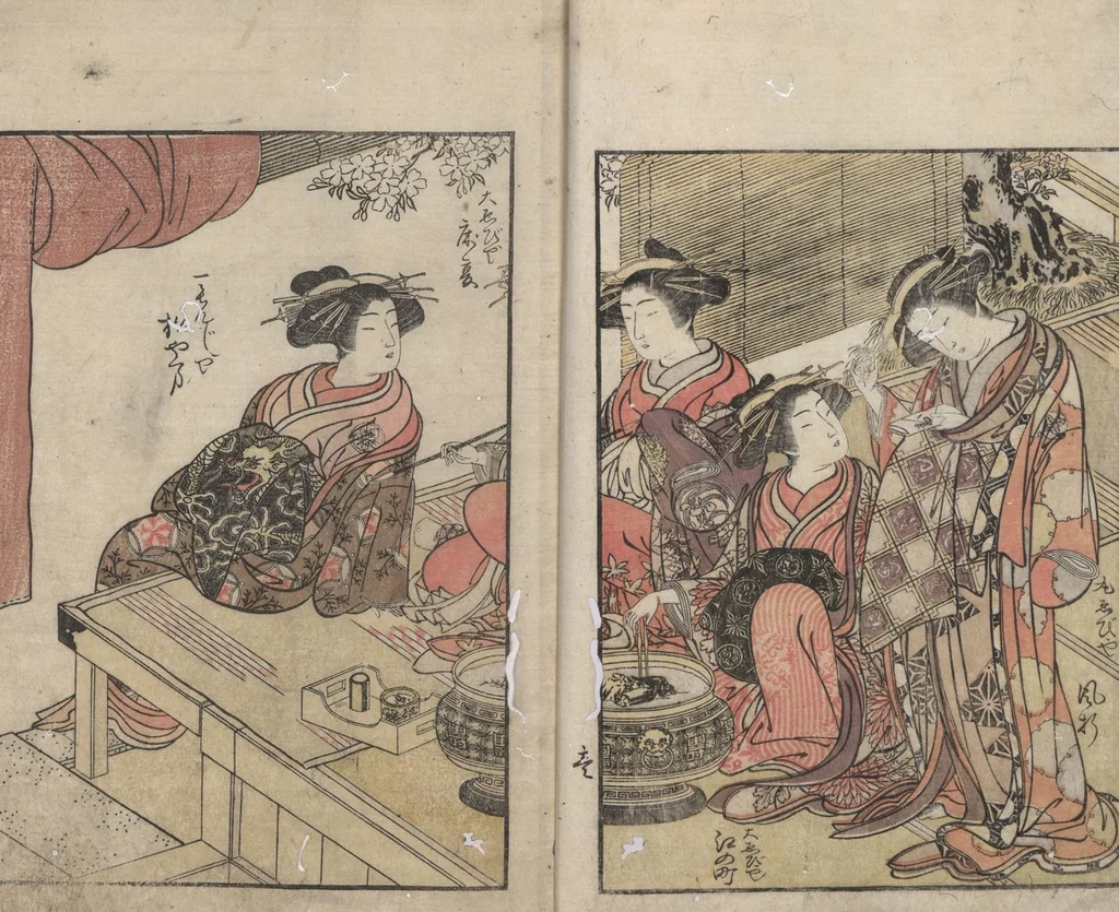 An illustration from Mirror of the Beauties of the Green-houses (Seirō bijin awase sugata kagami) : [volume 3], 1776, leaf 3