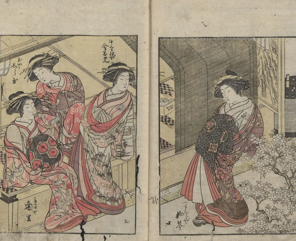 An illustration from Mirror of the Beauties of the Green-houses (Seirō bijin awase sugata kagami) : [volume 3], 1776, leaf 4