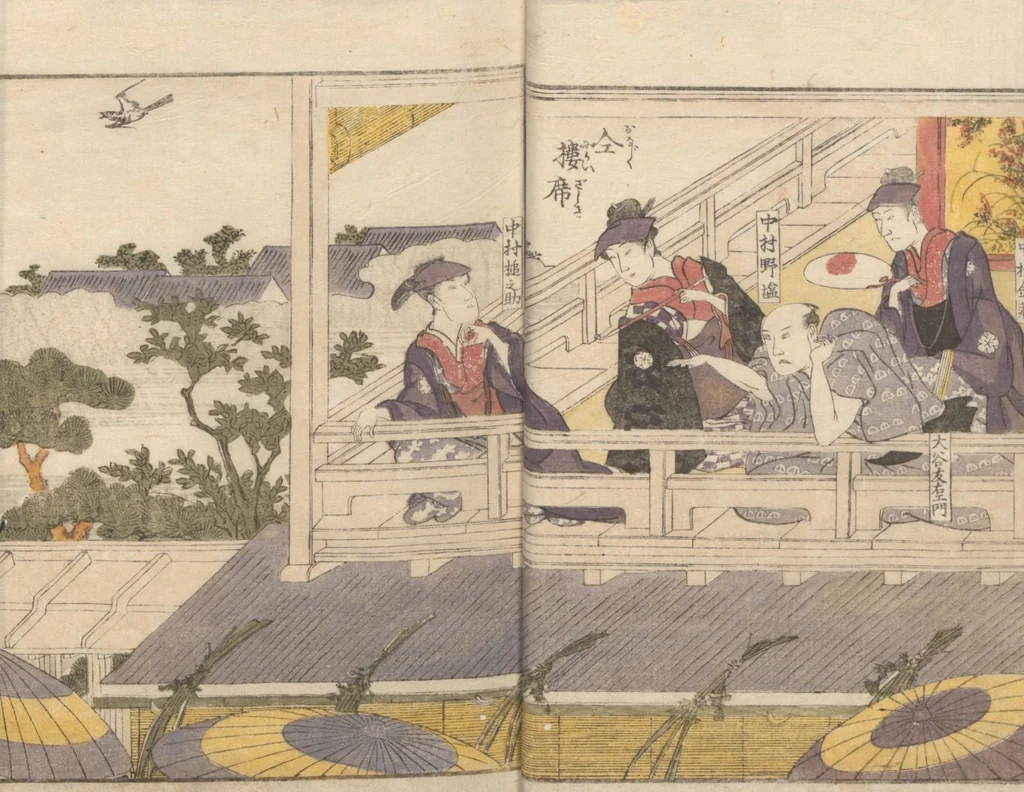 An illustration from Teachings on the Living Images of Actors (Yakusha sangai kyō 俳優三階興) : [volume 2], 1801, leaf 10