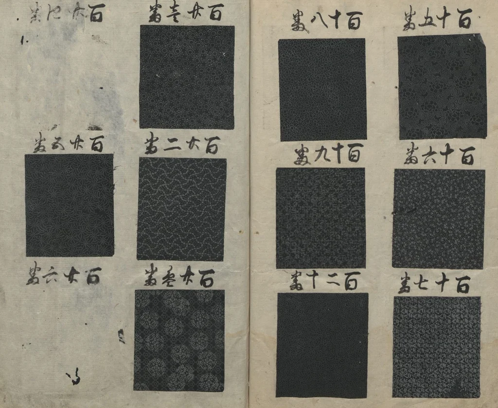An illustration from Book of Designs (Hon jirushi Shin Komon chō 本印 新小紋帳), 1700, leaf 12