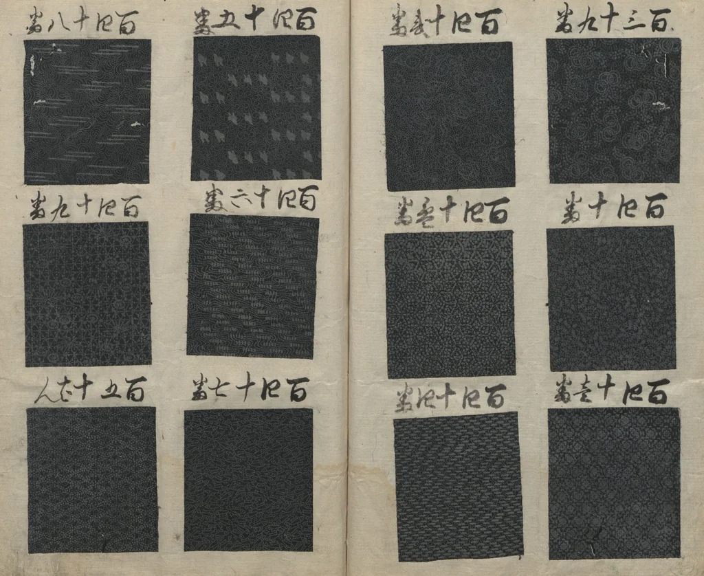 An illustration from Book of Designs (Hon jirushi Shin Komon chō 本印 新小紋帳), 1700, leaf 14