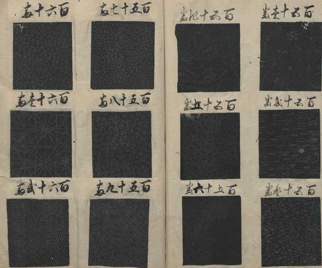 An illustration from Book of Designs (Hon jirushi Shin Komon chō 本印 新小紋帳), 1700, leaf 15