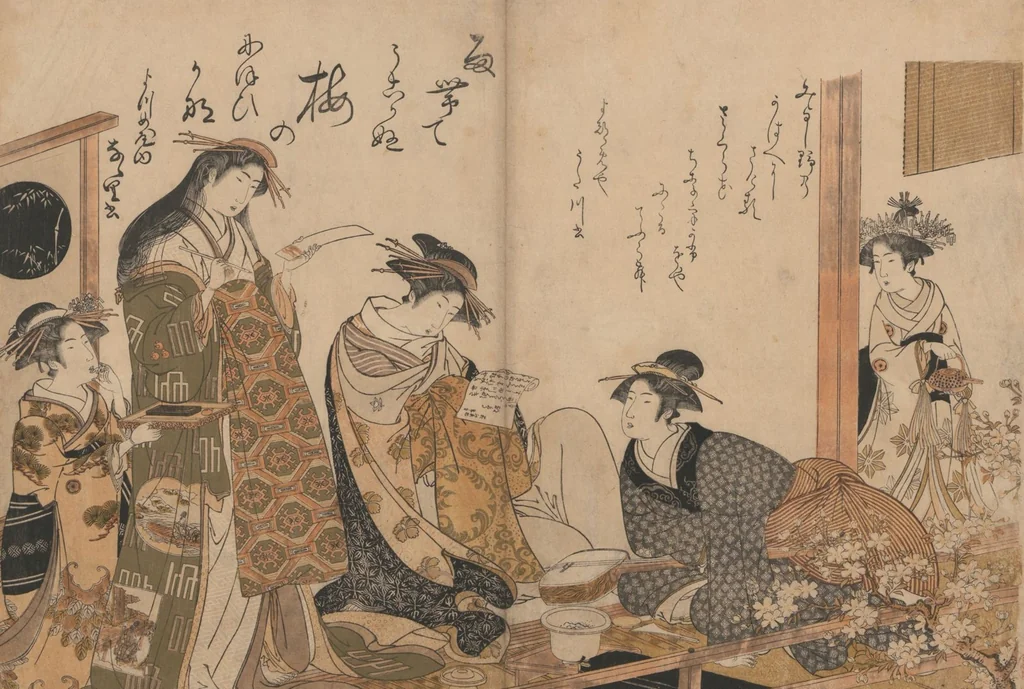 An illustration from Yoshiwara Courtesans : a New Mirror Comparing the Calligraphy of Beauties (Yoshiwara keisei: Shin bijin awase jihitsu kagami), 1784, leaf 5