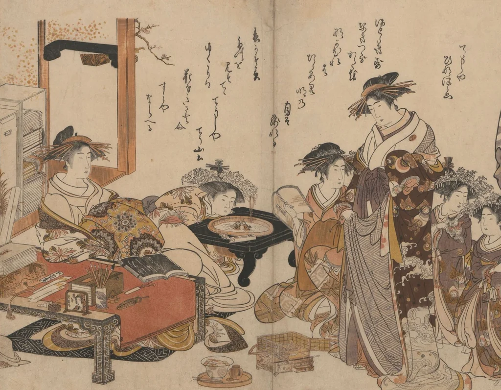 An illustration from Yoshiwara Courtesans : a New Mirror Comparing the Calligraphy of Beauties (Yoshiwara keisei: Shin bijin awase jihitsu kagami), 1784, leaf 7
