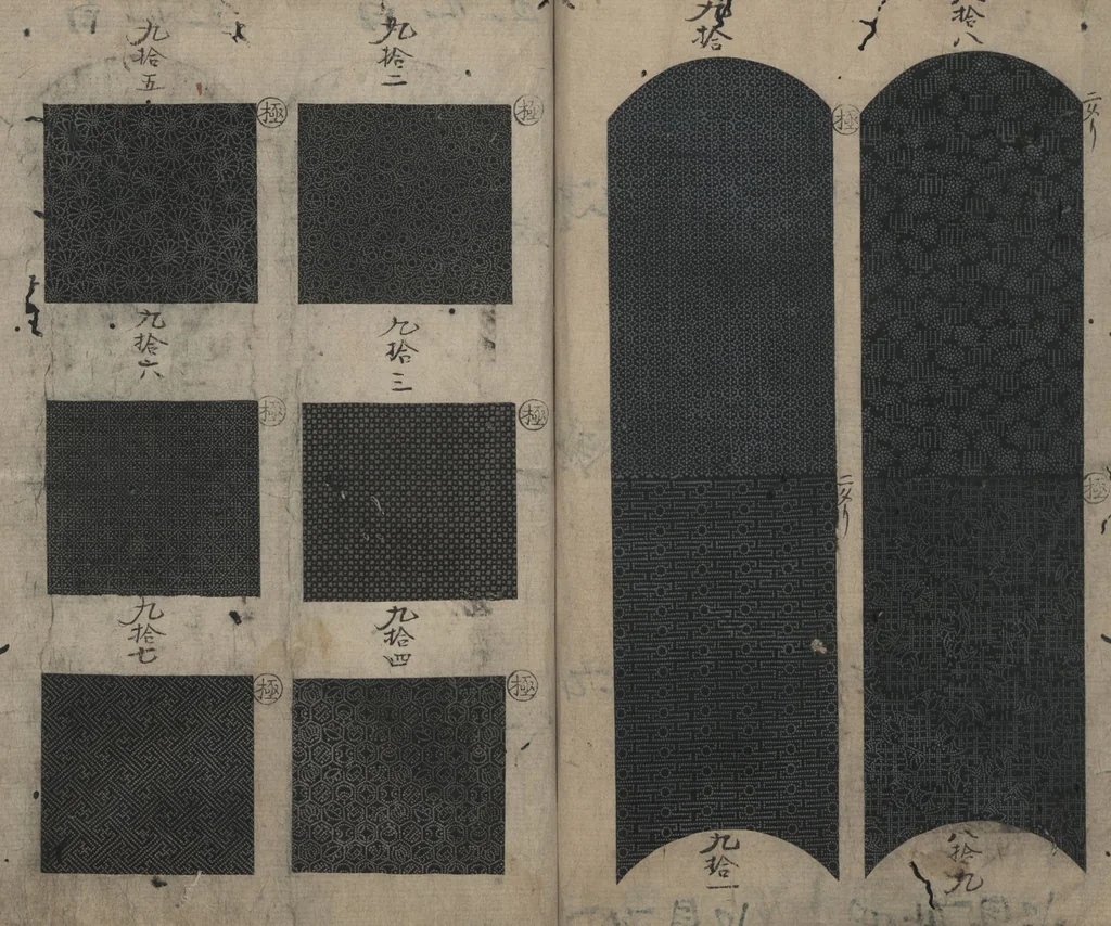 An illustration from Book of Designs (Tsuchinoto shinsen Komon chō 己新撰 小紋帳 ), 1660, leaf 12