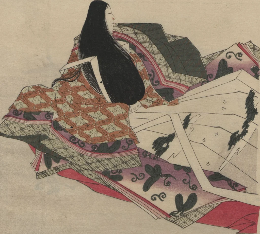 An illustration from Brocade Prints of the Thirty-six Poetesses (Nishiki zuri onna sanjūrokkasen 錦摺女三十六歌仙), 1801, leaf 12