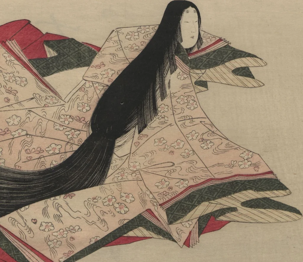 An illustration from Brocade Prints of the Thirty-six Poetesses (Nishiki zuri onna sanjūrokkasen 錦摺女三十六歌仙), 1801, leaf 15