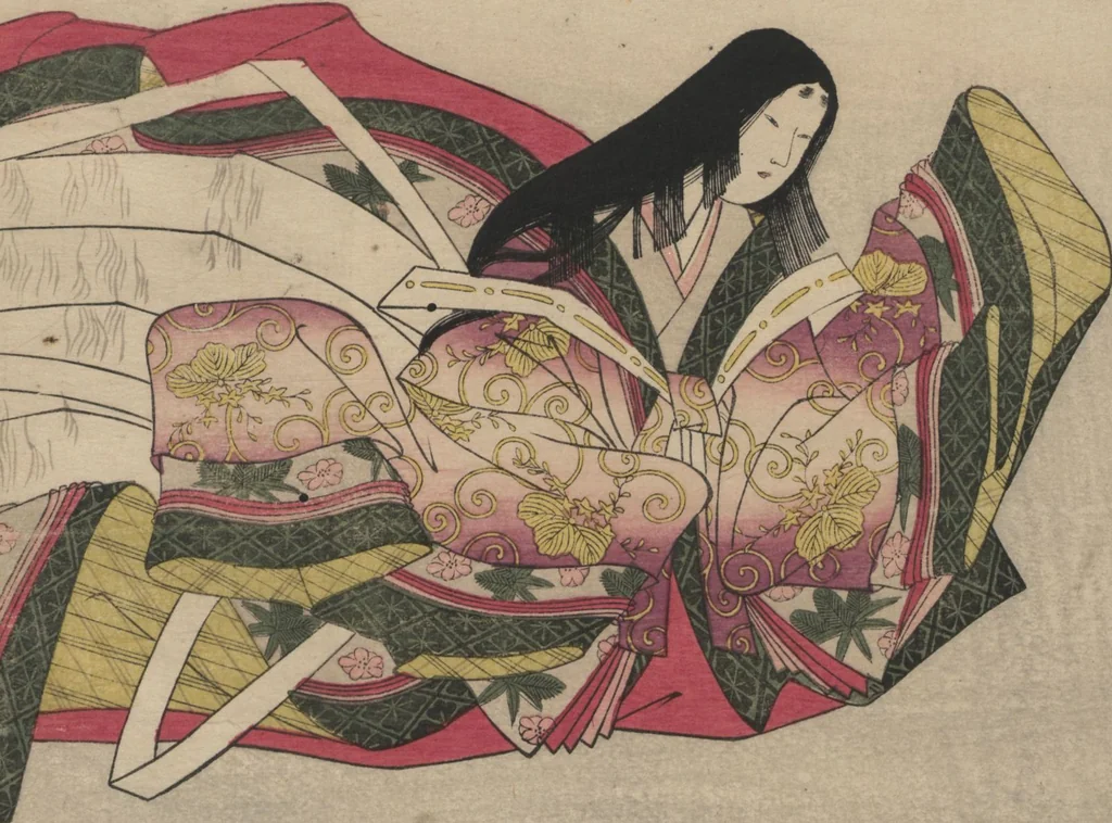An illustration from Brocade Prints of the Thirty-six Poetesses (Nishiki zuri onna sanjūrokkasen 錦摺女三十六歌仙), 1801, leaf 19