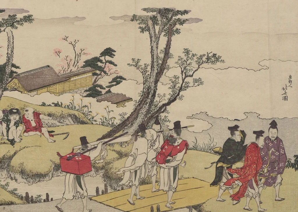 An illustration from Brocade Prints of the Thirty-six Poetesses (Nishiki zuri onna sanjūrokkasen 錦摺女三十六歌仙), 1801, leaf 5