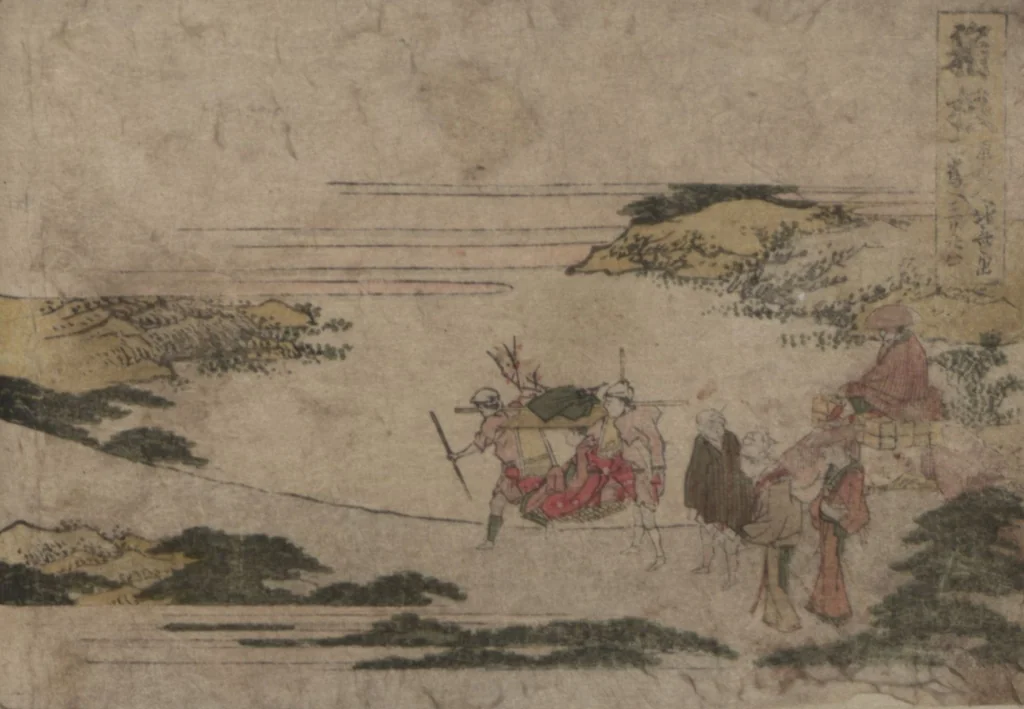 An illustration from Fifty-three Stations on the Tōkaidō Road, Fuchū (Tōkaidō gojūsan-tsugi 東海道五十三次), 1845, leaf 14