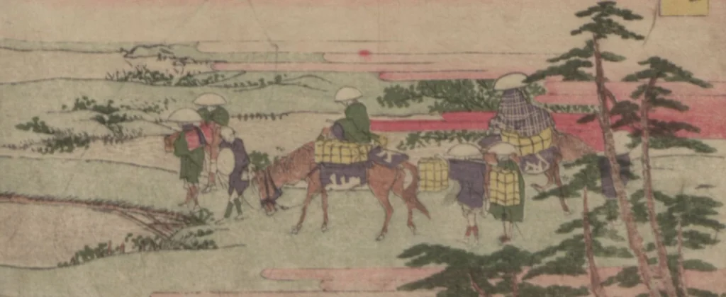 An illustration from Fifty-three Stations on the Tōkaidō Road, Fuchū (Tōkaidō gojūsan-tsugi 東海道五十三次), 1845, leaf 44