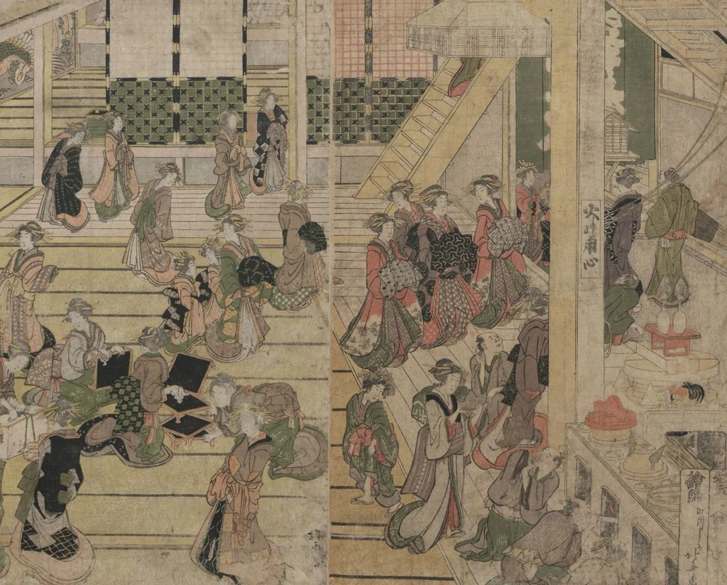 An illustration from New Year's Day at the Ogiya Seiro (Yoshiwara yūkaku no kei 吉原遊郭の景), 1811, leaf 3