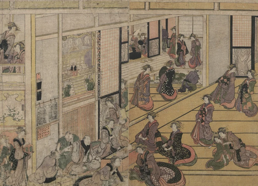 An illustration from New Year's Day at the Ogiya Seiro (Yoshiwara yūkaku no kei 吉原遊郭の景), 1811, leaf 4