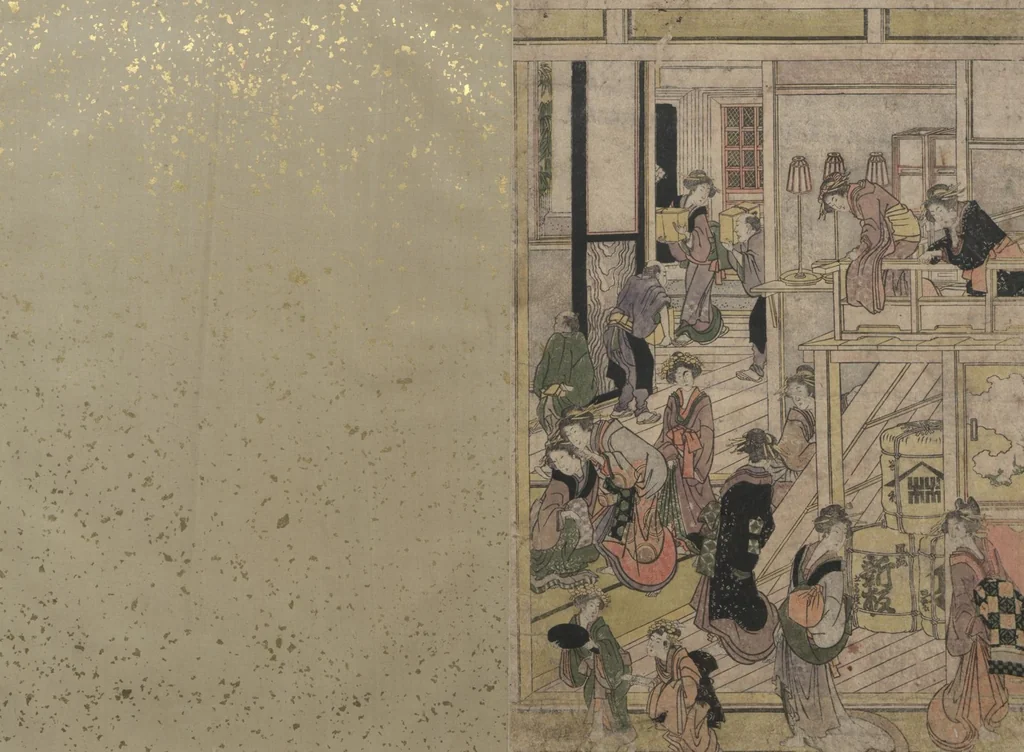 An illustration from New Year's Day at the Ogiya Seiro (Yoshiwara yūkaku no kei 吉原遊郭の景), 1811, leaf 5
