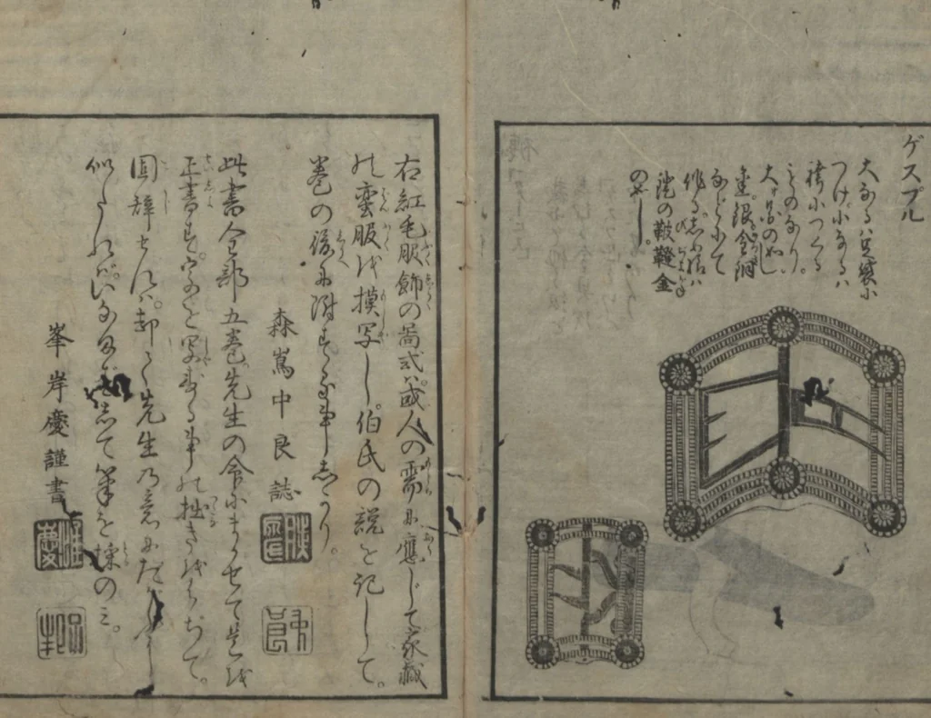 An illustration from Chats on Novelties of Foreign Lands (Kōmōzatsuwa 紅毛雑話), 1796, leaf 100