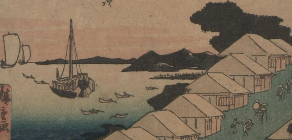 An illustration from Fifty-three Stations on the Tokaido Road (Tōkaidō gojūsan tsugi 東海道五十三次), leaf 4