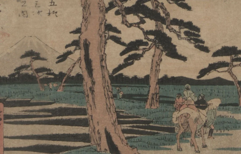 An illustration from Fifty-three Stations on the Tokaido Road (Tōkaidō gojūsan tsugi 東海道五十三次), leaf 9