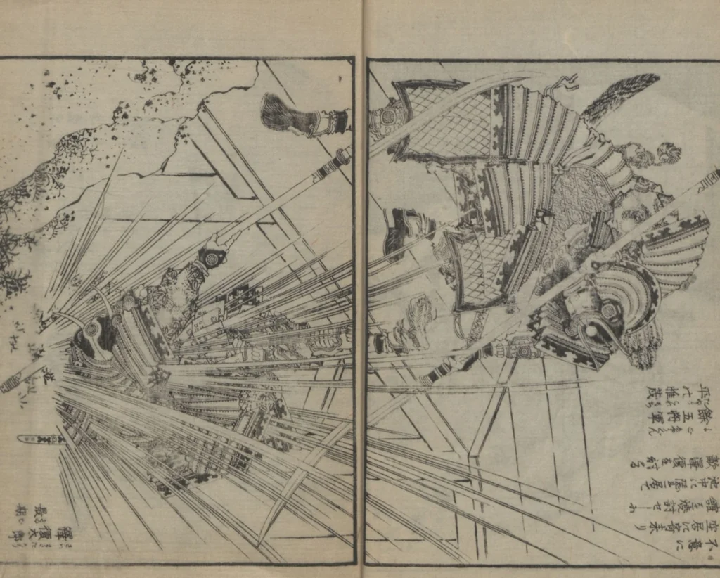 An illustration from A Picture Book of Japanese Warriors (Ehon Musashi Abumi 絵本武蔵鐙), 1836, leaf 12