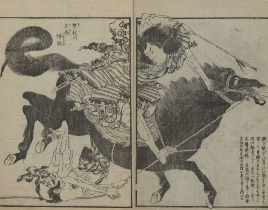 An illustration from A Picture Book of Japanese Warriors (Ehon Musashi Abumi 絵本武蔵鐙), 1836, leaf 25