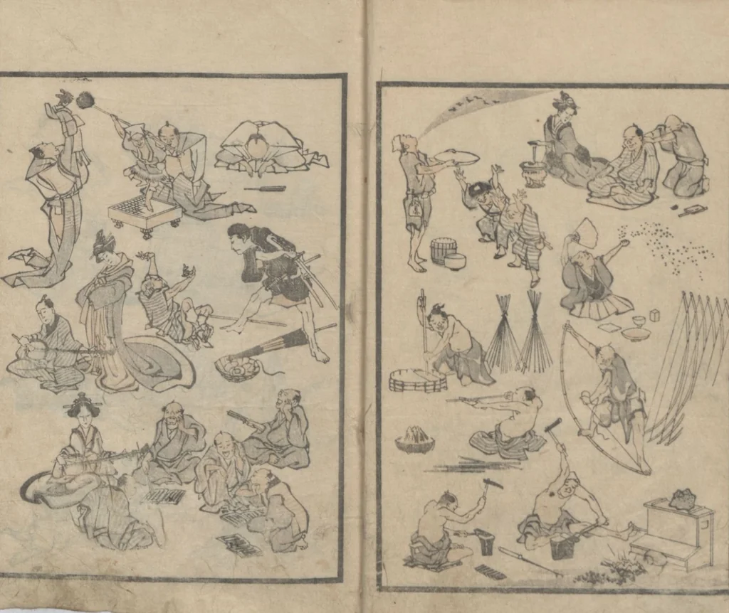 An illustration from Transmitting the Spirit, Revealing the Form of Things, Volume 1 (Denshin kaishu: Hokusai manga, shohen 傳神開手 北斎漫画初編), 1814, leaf 10