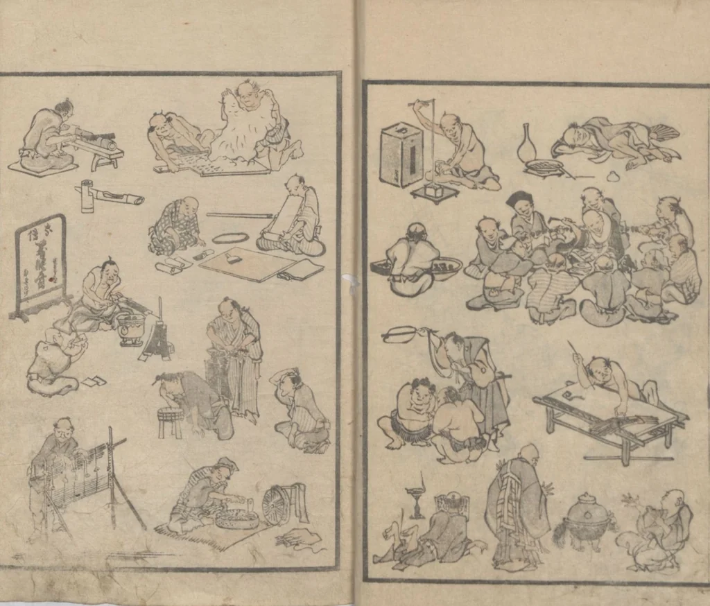 An illustration from Transmitting the Spirit, Revealing the Form of Things, Volume 1 (Denshin kaishu: Hokusai manga, shohen 傳神開手 北斎漫画初編), 1814, leaf 12