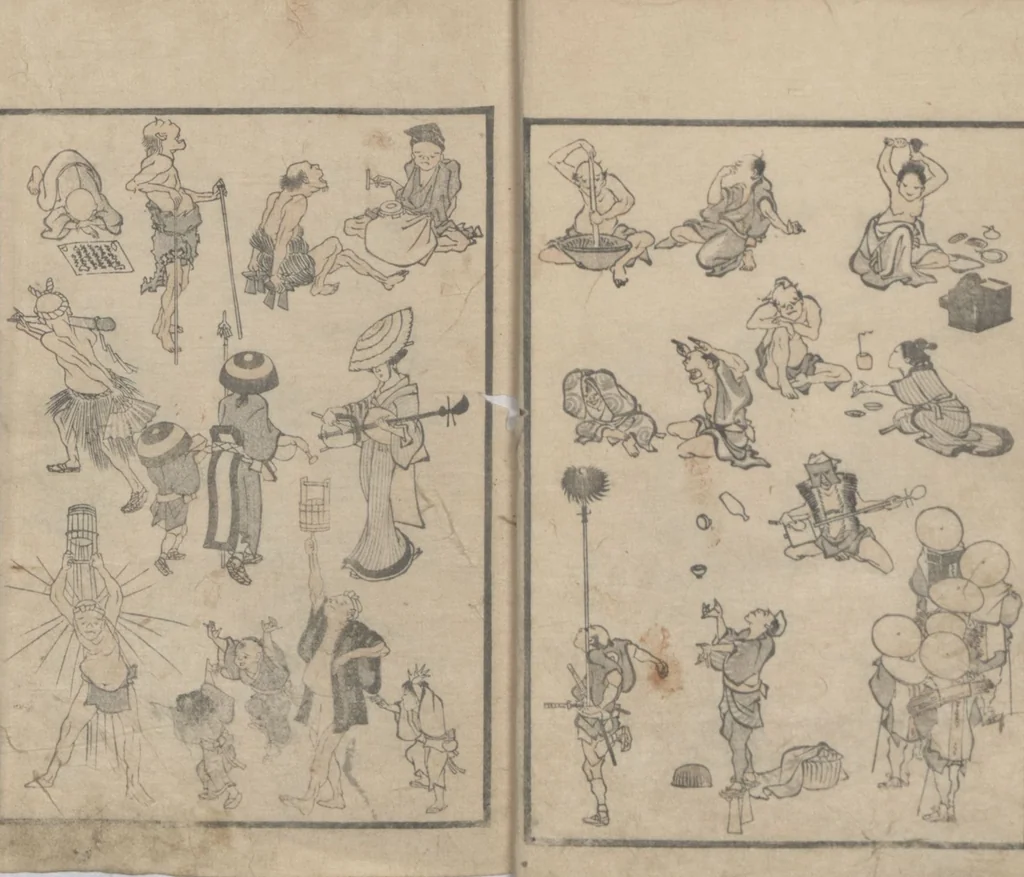 An illustration from Transmitting the Spirit, Revealing the Form of Things, Volume 1 (Denshin kaishu: Hokusai manga, shohen 傳神開手 北斎漫画初編), 1814, leaf 13