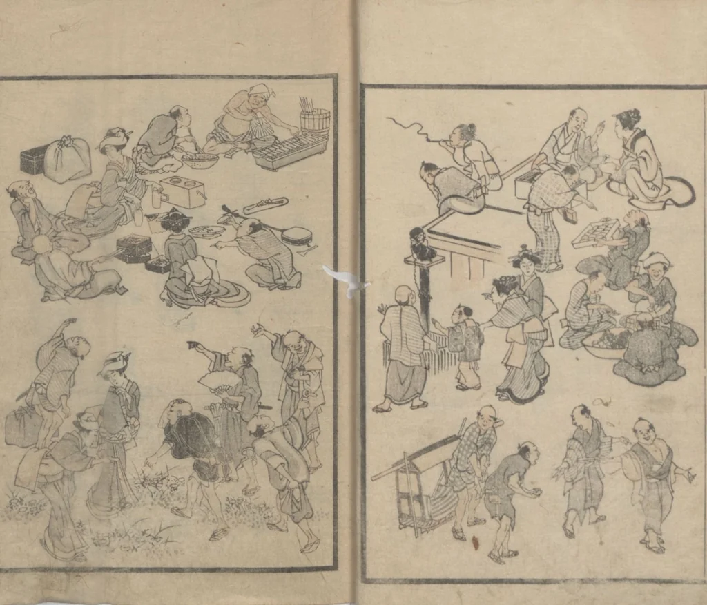 An illustration from Transmitting the Spirit, Revealing the Form of Things, Volume 1 (Denshin kaishu: Hokusai manga, shohen 傳神開手 北斎漫画初編), 1814, leaf 14