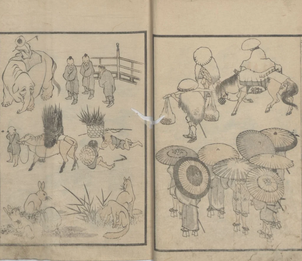 An illustration from Transmitting the Spirit, Revealing the Form of Things, Volume 1 (Denshin kaishu: Hokusai manga, shohen 傳神開手 北斎漫画初編), 1814, leaf 16