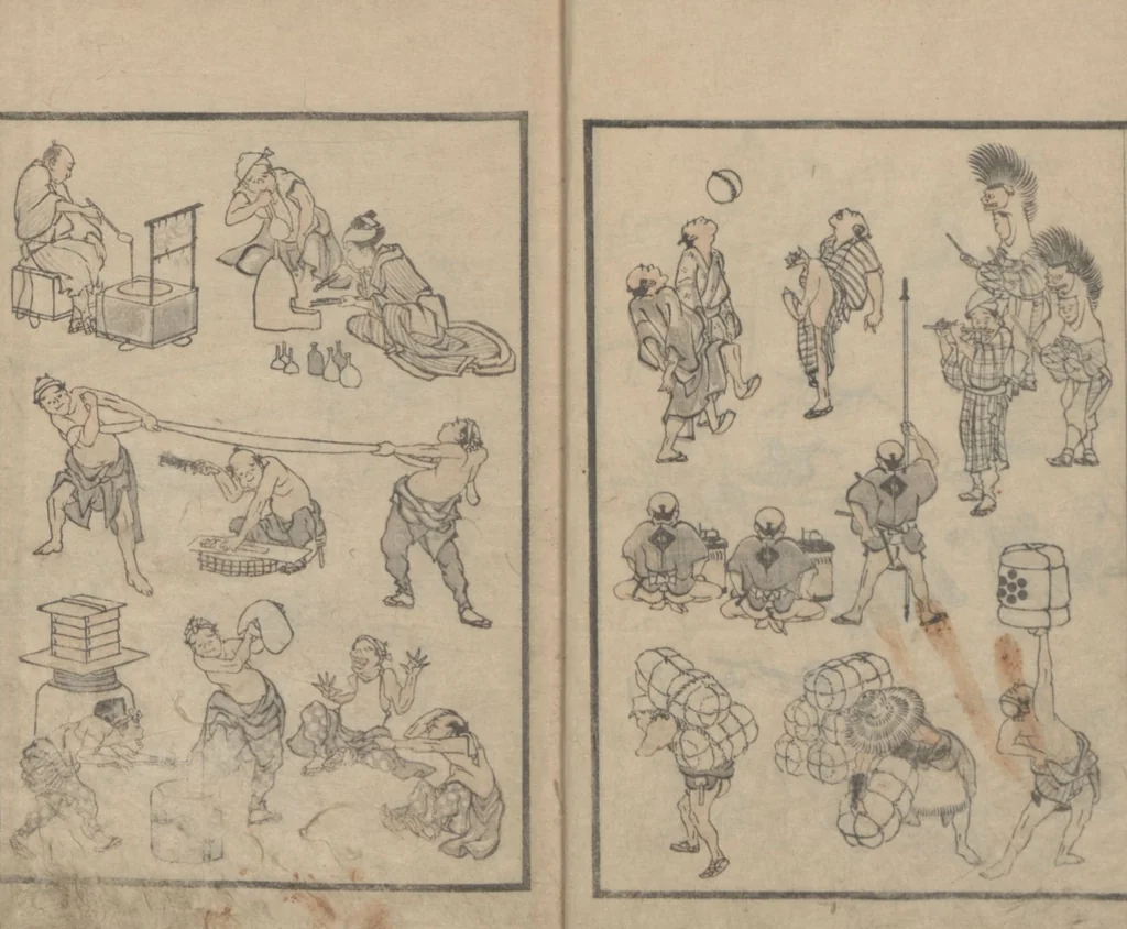 An illustration from Transmitting the Spirit, Revealing the Form of Things, Volume 1 (Denshin kaishu: Hokusai manga, shohen 傳神開手 北斎漫画初編), 1814, leaf 8