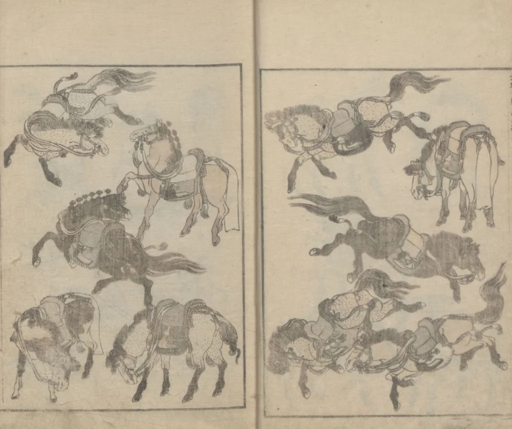 An illustration from Transmitting the Spirit, Revealing the Form of Things, Volume 6 (Denshin kaishu: Hokusai manga, rokuhen 傳神開手 北斎漫画六編), 1817, leaf 12