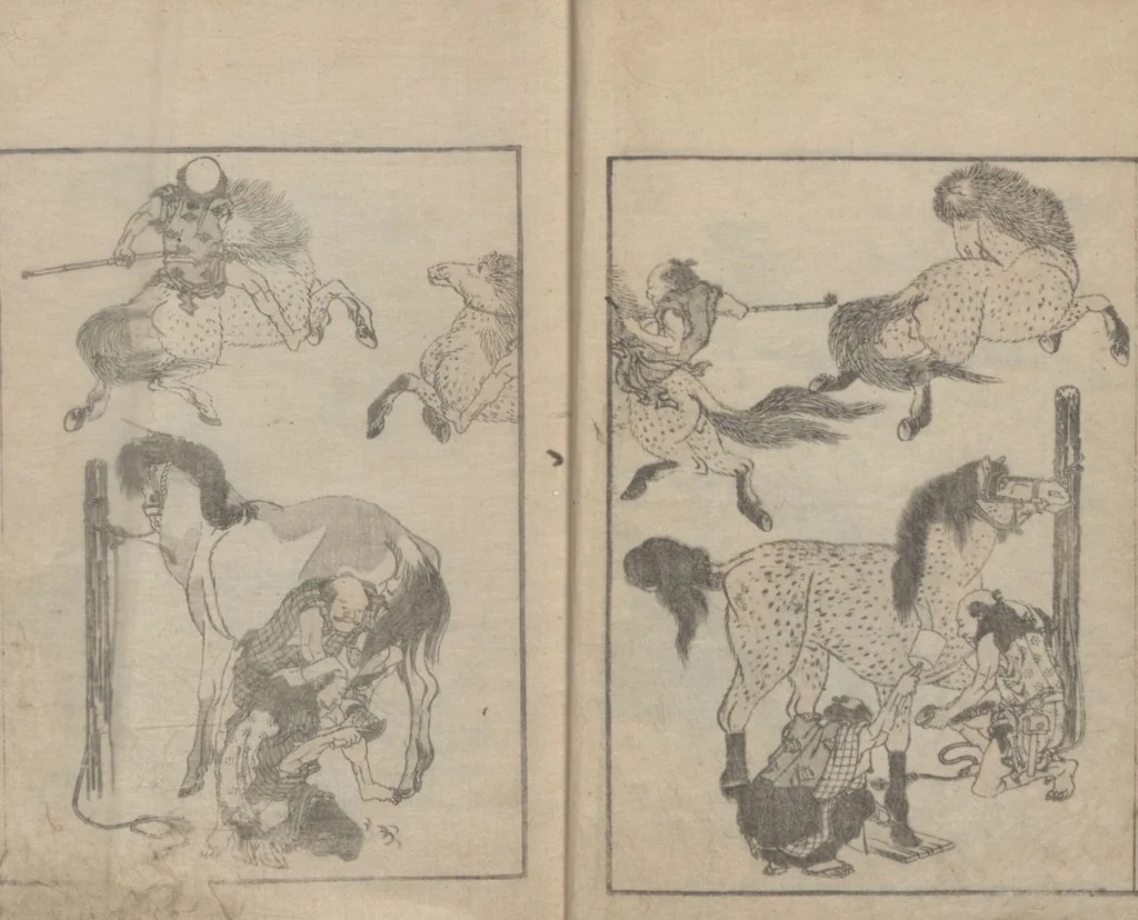 An illustration from Transmitting the Spirit, Revealing the Form of Things, Volume 6 (Denshin kaishu: Hokusai manga, rokuhen 傳神開手 北斎漫画六編), 1817, leaf 9