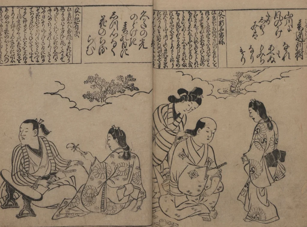 An illustration from Portraits for One Hundred Poems about One Hundred Poets (Sugata-e hyakunin isshu 姿絵百人一首) : [volume 1], 1695, leaf 19
