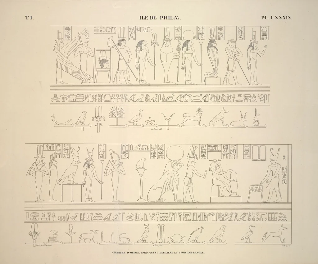 An illustration from Monuments de l'Égypte et de la Nubie, d'après les dessins exécutés sur les lieux sous la direction de Champollion-le-jeune, et les descriptions autographes qu'il en a rédigées; pub. sous les auspices de M. Guizot et de M. Thiers ... par une commission spéciale. Planches, 1835, leaf 100