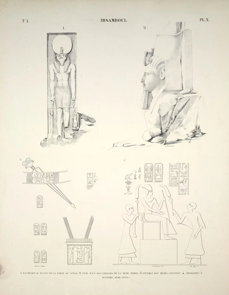 An illustration from Monuments de l'Égypte et de la Nubie, d'après les dessins exécutés sur les lieux sous la direction de Champollion-le-jeune, et les descriptions autographes qu'il en a rédigées; pub. sous les auspices de M. Guizot et de M. Thiers ... par une commission spéciale. Planches, 1835, leaf 12