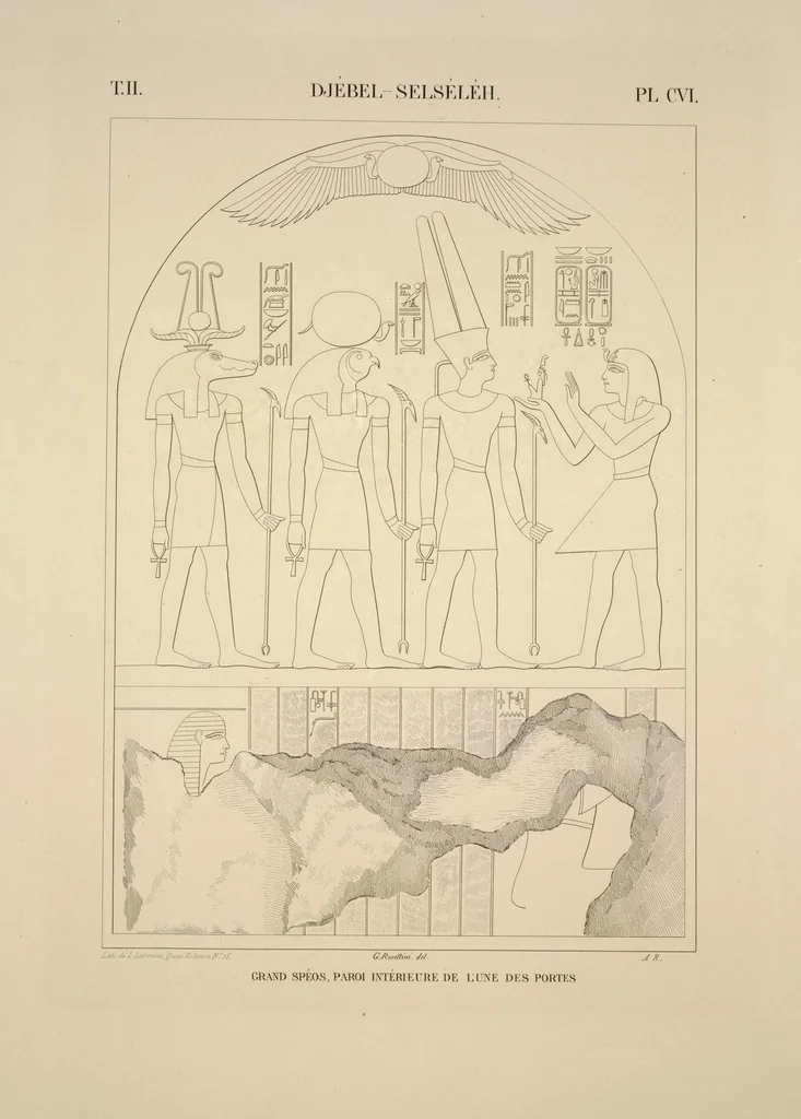 An illustration from Monuments de l'Égypte et de la Nubie, d'après les dessins exécutés sur les lieux sous la direction de Champollion-le-jeune, et les descriptions autographes qu'il en a rédigées; pub. sous les auspices de M. Guizot et de M. Thiers ... par une commission spéciale. Planches, 1835, leaf 124