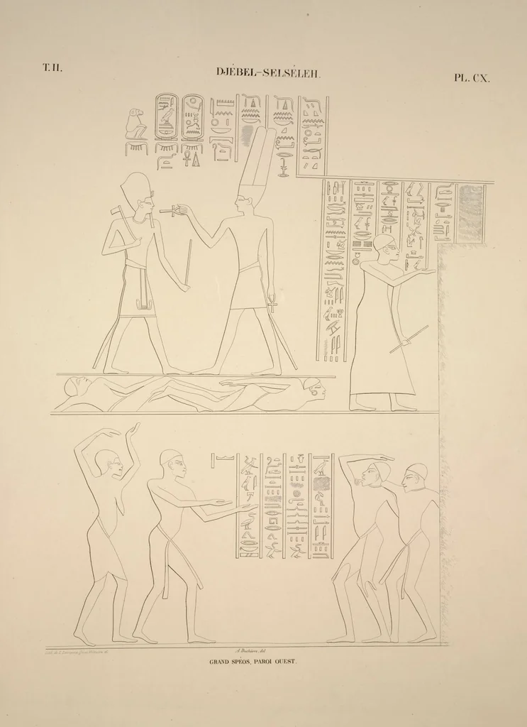 An illustration from Monuments de l'Égypte et de la Nubie, d'après les dessins exécutés sur les lieux sous la direction de Champollion-le-jeune, et les descriptions autographes qu'il en a rédigées; pub. sous les auspices de M. Guizot et de M. Thiers ... par une commission spéciale. Planches, 1835, leaf 128
